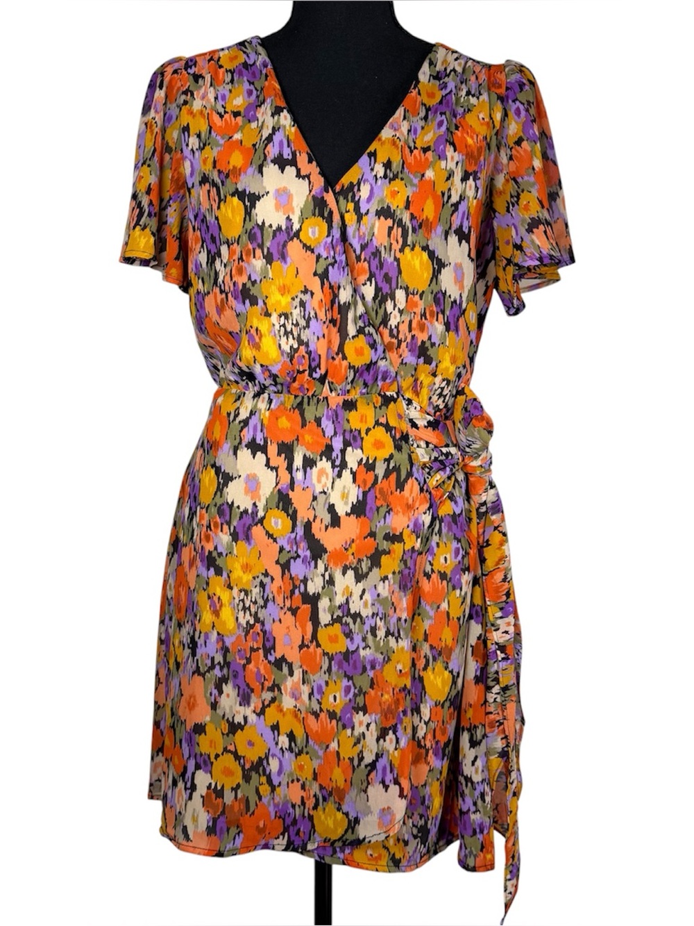 Blur Floral Wrap Dress Romantic Boho Garden Party Flutter Sleeve Sz S Multicolor